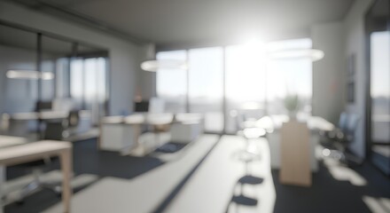 A blurred, bright, modern office interior with sunlight streaming through large windows.