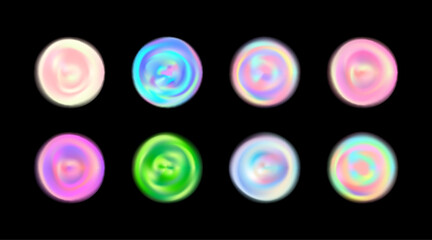 Vector glossy gradient circle backgrounds collection. Realistic soft neon holographic radial blurred sphere set. Abstract vibrant colorful Iridescent round shapes, watercolor blur mesh on black.