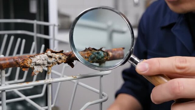 Cinematic close-up of a human hand holding a magnifying glass to inspect a rusted metal dishwasher rack for corrosion and wear in a professional maintenance setting