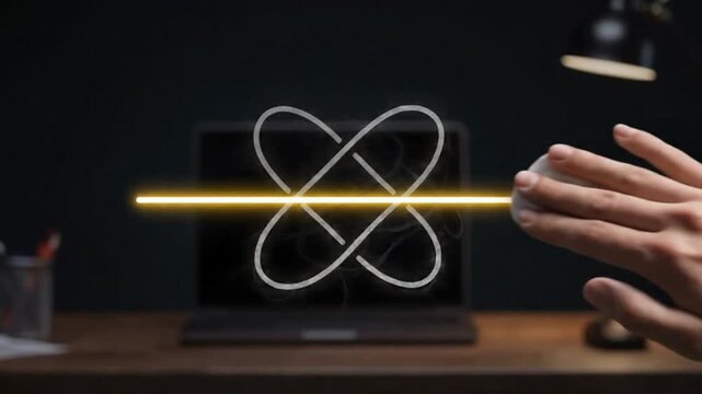 Hand erasing messy scribble revealing glowing neon atom symbol