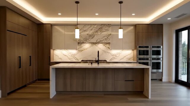 Modern kitchen interior with sleek wooden cabinetry and marble backsplash under soft lighting from recessed ceiling