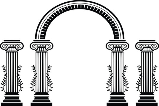 Ancient Greek Roman arch, and ionic columns with laurel leaves for architectural classic history design