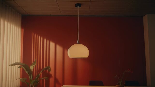 Interior space featuring a mid century modern pendant lamp hanging above a wooden dining table, with potted plants, chairs, and warm sunlight casting striped shadows on a terra cotta wall
