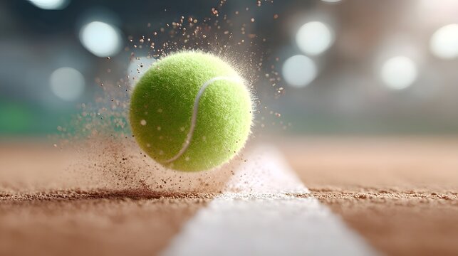 Close up view of a green tennis ball hitting a red clay tennis court creating a dramatic spray of dust particles in an active sporting moment