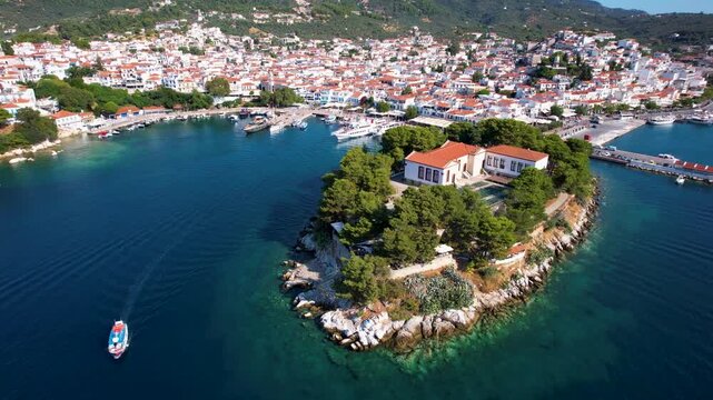 Skiathos Old Port View with Bourtzi Island and Fishing Boats, Moving Perspective of Traditional Greek Town Architecture, Mediterranean Harbor at Summer, Authentic Island Travel Destination Greece