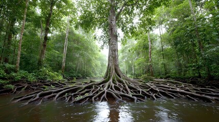 Obraz premium Lush green rainforest surrounds a powerful ancient tree whose extensive gnarled roots spread across the riverbank and into the flowing water showcasing nature s resilience and beauty