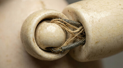 Closeup of vintage porcelain doll joint, showcasing intricate details and textures