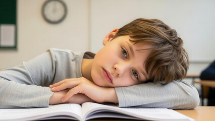 Caucasian schoolboy boy resting head on desk in classroom with open workbook, fatigue and education burnout after lesson