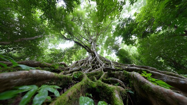 A striking low angle perspective of a massive ancient tree with its intricate gnarled root system prominently displayed and covered in vibrant green moss amidst a lush forest ecosystem