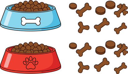 Pet food vector illustration with dog and cat bowls filled with kibble, bones and treats isolated on white background for animal care and pet shop design © MdMostafijur