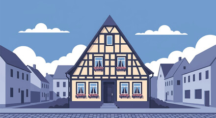 Obraz premium German half-timbered house with cobblestone street, modern flat vector illustration showing European residential heritage architecture