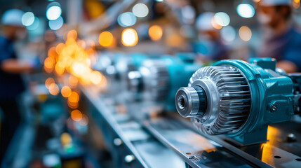 Fototapeta premium Factory producing electric motors for industrial machinery, faceless workers overseeing process, motor production manufacturing, equipment assembly, defocused production line, with copy