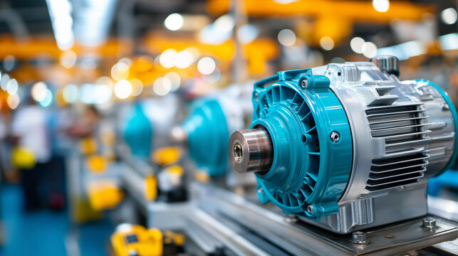Factory producing electric motors for industrial machinery, faceless workers overseeing process, motor production manufacturing, equipment assembly, defocused production line, with copy