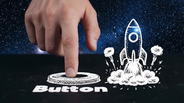 Hand pressing button launching sketch rocket ship into space