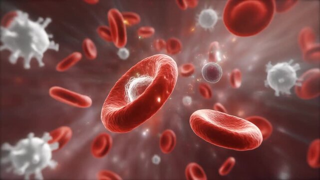 Red and white blood cells flowing through vessel scientific medical animation biology healthcare education visualization