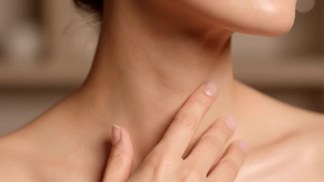 Close-up shot of woman's neck and fingers against soft focus background