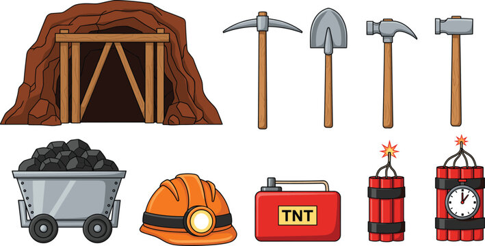 Mining equipment vector set with underground tunnel, pickaxe, shovel, hammer, coal cart, safety helmet and dynamite explosives isolated on white background for industry design