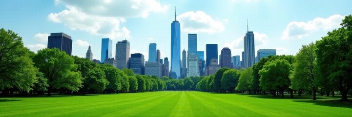 Obraz premium Green expanse of Central Park, towering NYC skyline background , tranquil, gorgeous