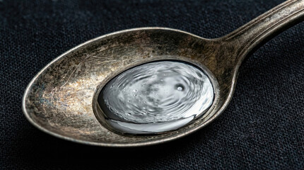 Close up of silver spoon holding liquid mercury, showcasing its reflective surface and unique
