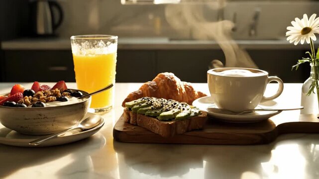 Cinematic dolly shot gliding slowly over a meticulously styled countertop featuring a healthy yogurt bowl with fruit and assorted breakfast items in soft morning light ingredients, gourmet, wellness
