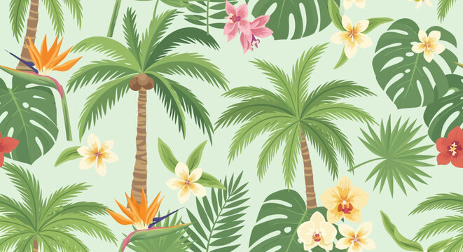 Vibrant tropical pattern of palm trees and hibiscus flowers in a seamless botanical design.