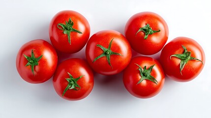 A top-down shot showcases seven vibrant, ripe tomatoes on a stark white backdrop