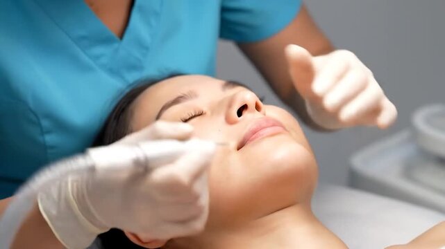 A person undergoing a facial treatment with a medical device. Focus on eye area