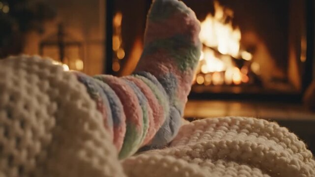 Cinematic close-up of soft fluffy pastel socks featuring delicate wool texture and gentle fabric details in a warm cozy home atmosphere with artistic lighting and smooth motion.