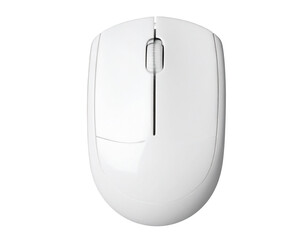 A top-down view of a sleek, white, wireless computer mouse on a black background