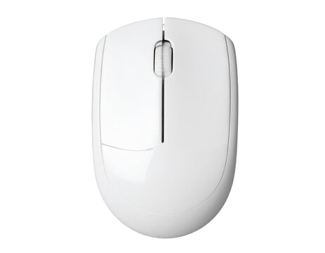 A top-down view of a sleek, white, wireless computer mouse on a black background