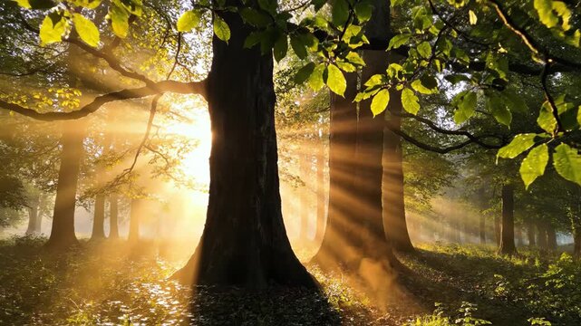 Sunlight filtering through trees in a forest with mist on the ground