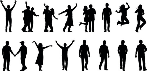 Fototapeta premium Large set of happy human silhouettes dancing jumping and standing isolated on white background vector illustration.