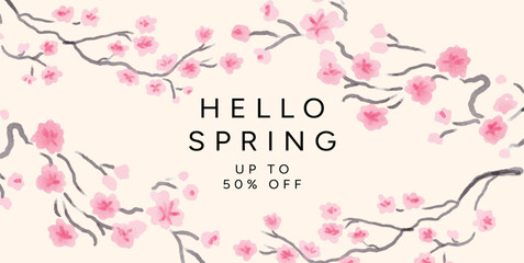 Hello Spring Sale Banner, Sakura Cherry Blossom Branches framing Typography, 50 percent off Promotion, watercolor style, flat Vector Illustration on beige background © roze ultra