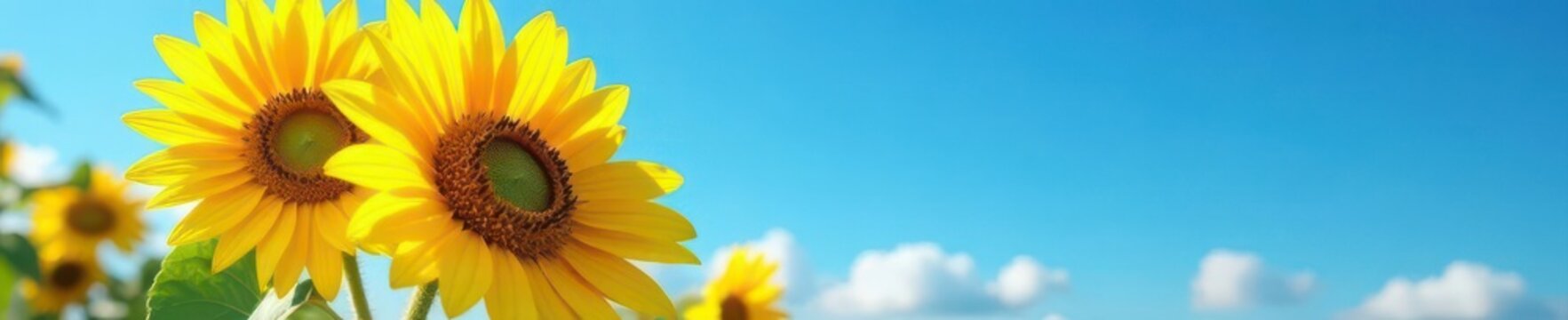 Large sunflower, intense yellow, azure sky backdrop, detail, light