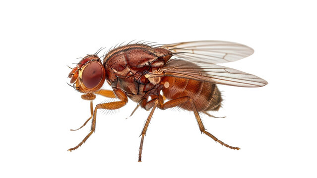 Brown fruit fly with red eyes and translucent wings, side view, isolated PNG with Transparent Background