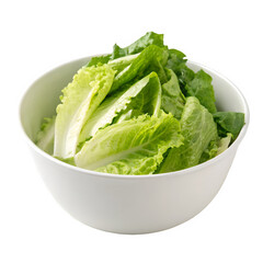 White bowl filled with fresh green lettuce isolated on transparent background