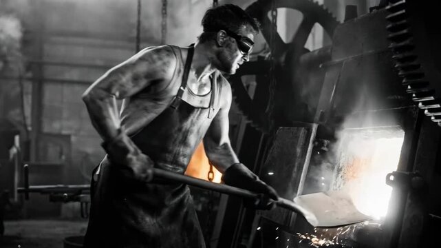 Industrial worker shoveling coal into a blazing furnace in black and white. Muscular man performing manual labor in a vintage factory setting. Industrial revolution and grit concept
