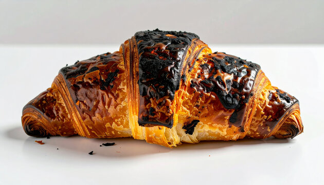Charred croissant on white surface, cooking fail concept, spoiled baked pastry.