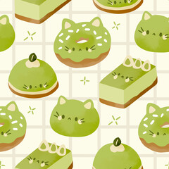 Cotton fabric Seamless pattern with matcha green tea cat cakes and kitten donuts on grid background watercolor style sweet bakery animal surface for textile and wrapping paper