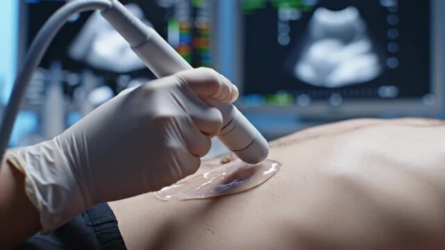 caucasian doctor hand holding ultrasound transducer over patient abdomen with gel. monitors with sonogram in background. pregnancy healthcare checkup and prenatal diagnosis. clinical exam.