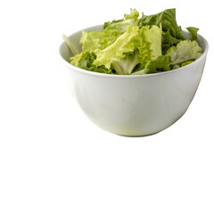 White bowl filled with fresh green lettuce isolated on transparent background