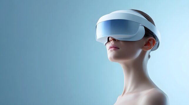 Close up profile of a woman immersed in technology wearing an advanced virtual reality headset with a blue visor against a gradient background