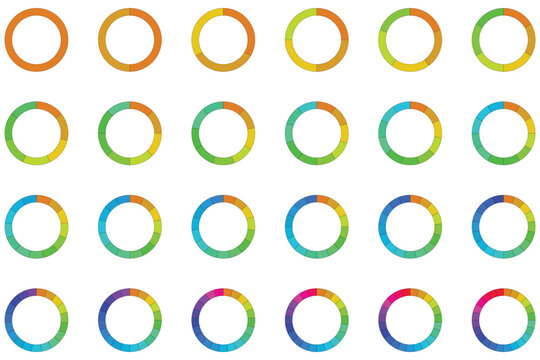 Pie Chart Fractional Circle. A circle divided into parts from 1 to 24. The color wheel is divided into fractions. circular shape sectors on white background. Vector illustration.