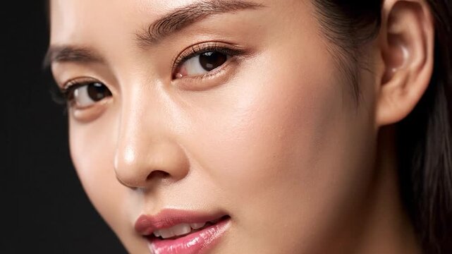 Close-up of a person's face with smooth skin, glossy lips, and dark eyes