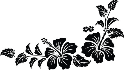 Side view silhouette of a hibiscus flower with long stamens and leaves on white background