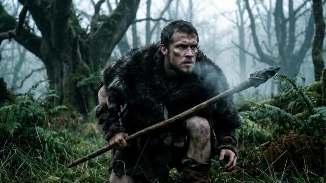 Primitive hunter with a stone spear crouching in a foggy forest. Ancient warrior in fur clothing tracking prey in the misty woods. Prehistoric survival and historical drama concept