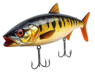 Realistic fish-shaped lure with bright eyes and treble hooks