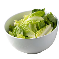 White bowl filled with fresh green lettuce isolated on transparent background