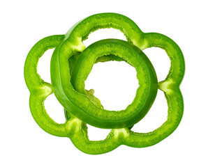 Sliced green bell pepper rings arranged in a circular, symmetrical pattern