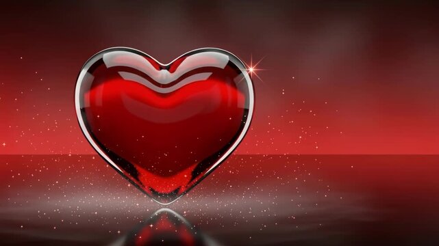 3D animation of a ruby red glass heart with sparkles. Glossy crystal love symbol on a reflective surface. Valentine's Day background with copy space